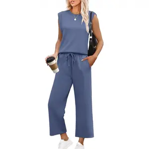 Women's 2 Piece Pants Sets Summer Travel Airplane Outfits Sleeveless Wide Leg Casual Lounge Crewneck Matching Sweat Set Women plus size Sweatsuits
