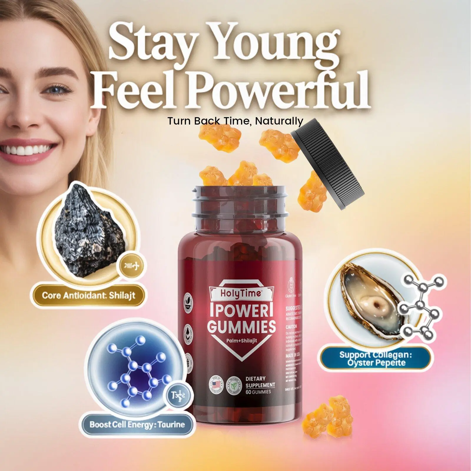 HolyTime Power Gummies – Womens Daily Anti-Aging, Energy & Glow Supplement with Shilajit