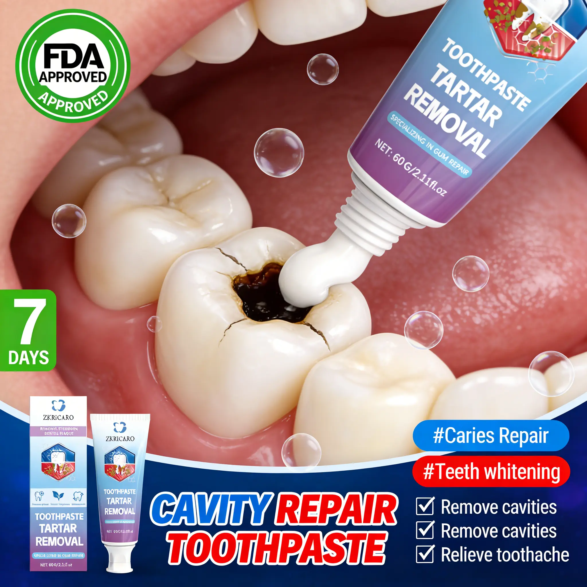 ZKRICARO Anti-Cavity Repair Toothpaste with Chamomile, Tea Tree, Peppermint - Gentle, FDA-Approved, Repairs Cavities, Removes Plaque & Tartar, Strengthens Enamel, Relieves Sensitive Teeth, Oral, Herbs, Gum Health