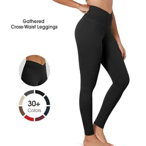 ODODOS Women's Cross Waist 7/8 Yoga Leggings with Inner Pocket 25"/28" Gathered Crossover Workout Pants Sportswear Yoga Attire Activewear 4 Way Stretch Moisture-wicking summerwins
