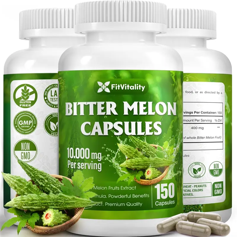 Bitter Melon Capsules| 150 Vegan Capsules| 150 Days Supply| 10,000mg per Serving| Bitter Melon Fruit 25:1 Extract| 100% Pure & Natural| Gluten-Free Supplement| Ultimate Concentrated (150 Capsules)