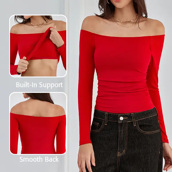ATTRACO Built-in Bra Long Sleeve Ribbed One Shoulder Top Elegant Bodycon Fabric Shirt Fashion Y2K Style Slim Skirt Basic Women's Simple