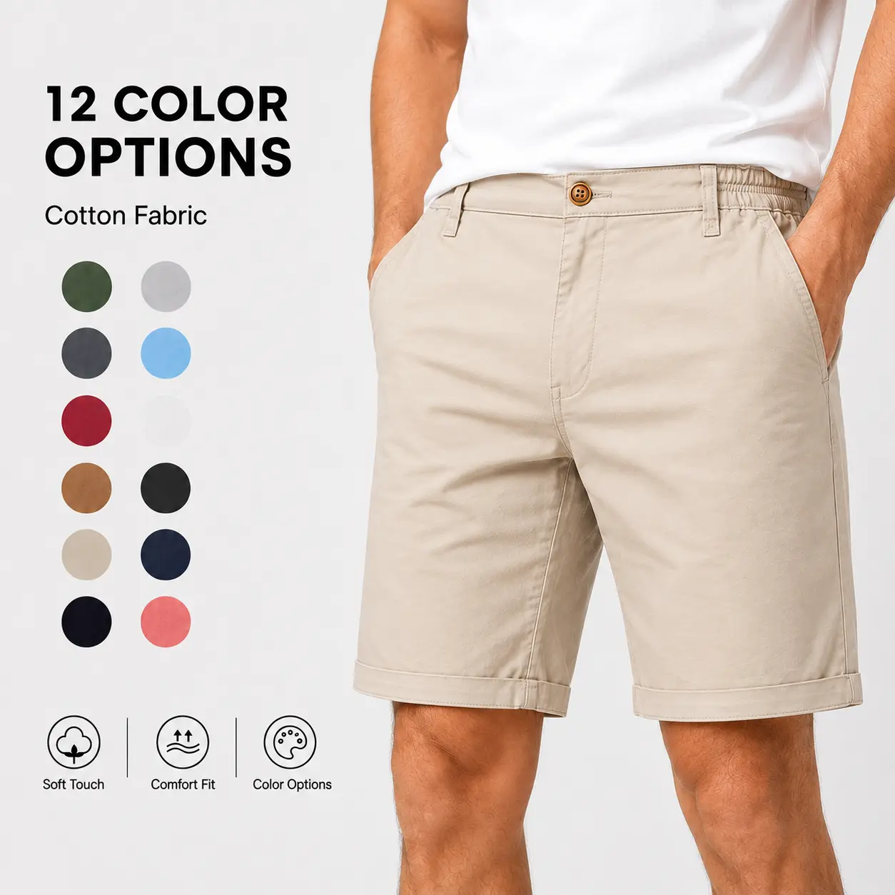 Men’s Casual Cotton Chino Shorts with Elastic Back Waist & Pockets, Lightweight Comfortable Summer Golf Walking Work Shorts, Straight Fit Travel Everyday Shorts