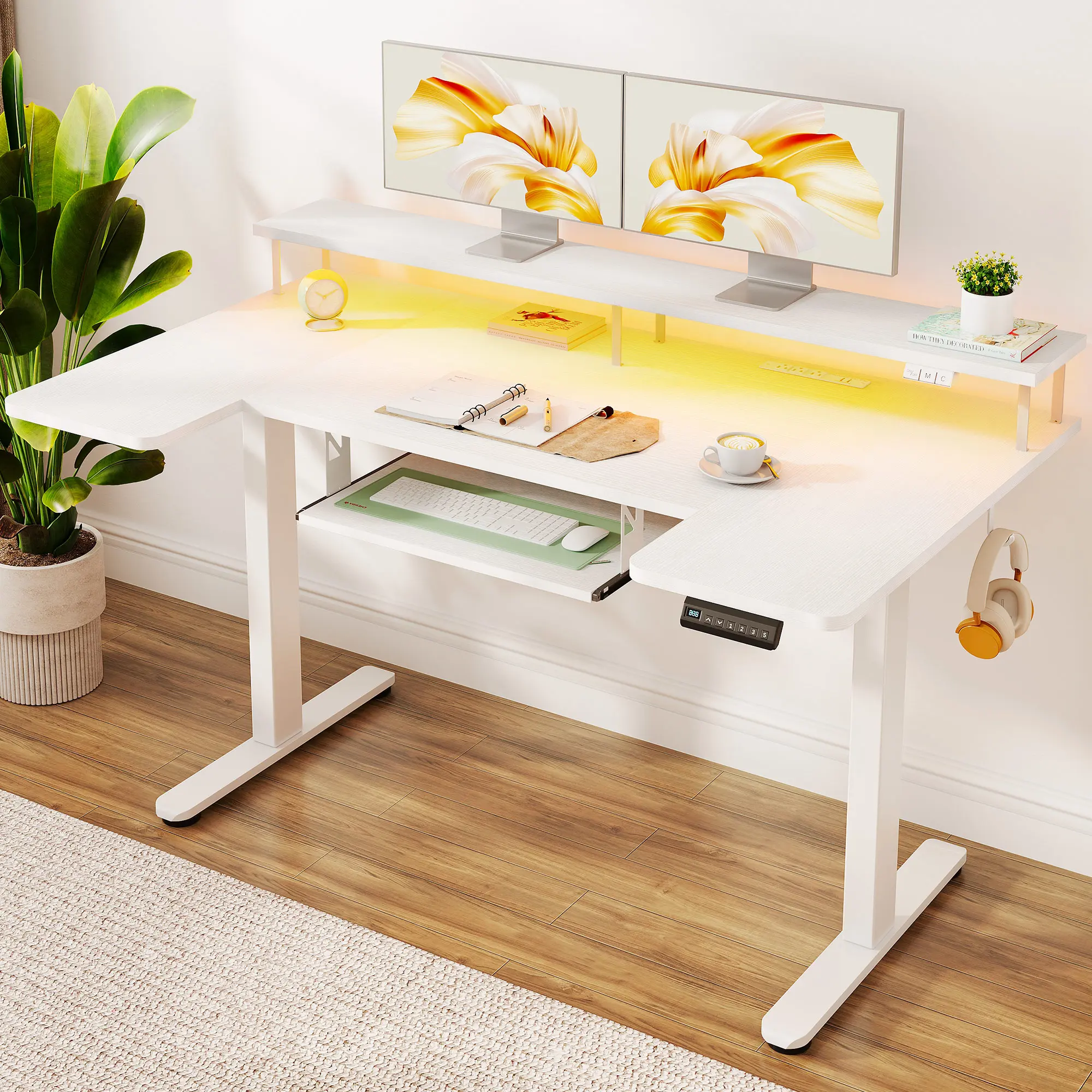 U Shaped Electric Standing Desk with Keyboard Tray & LED Lights, Height Adjustable Sit Stand Table with Power Outlets for Home Office