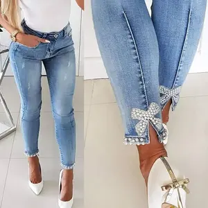 Tiktokshopbacktoschool Women's 2025 Slim Jeans with Butterfly Sticky Flowers & Beads Slit Feet Denim Pants Light Blue Fashionable & Elegant