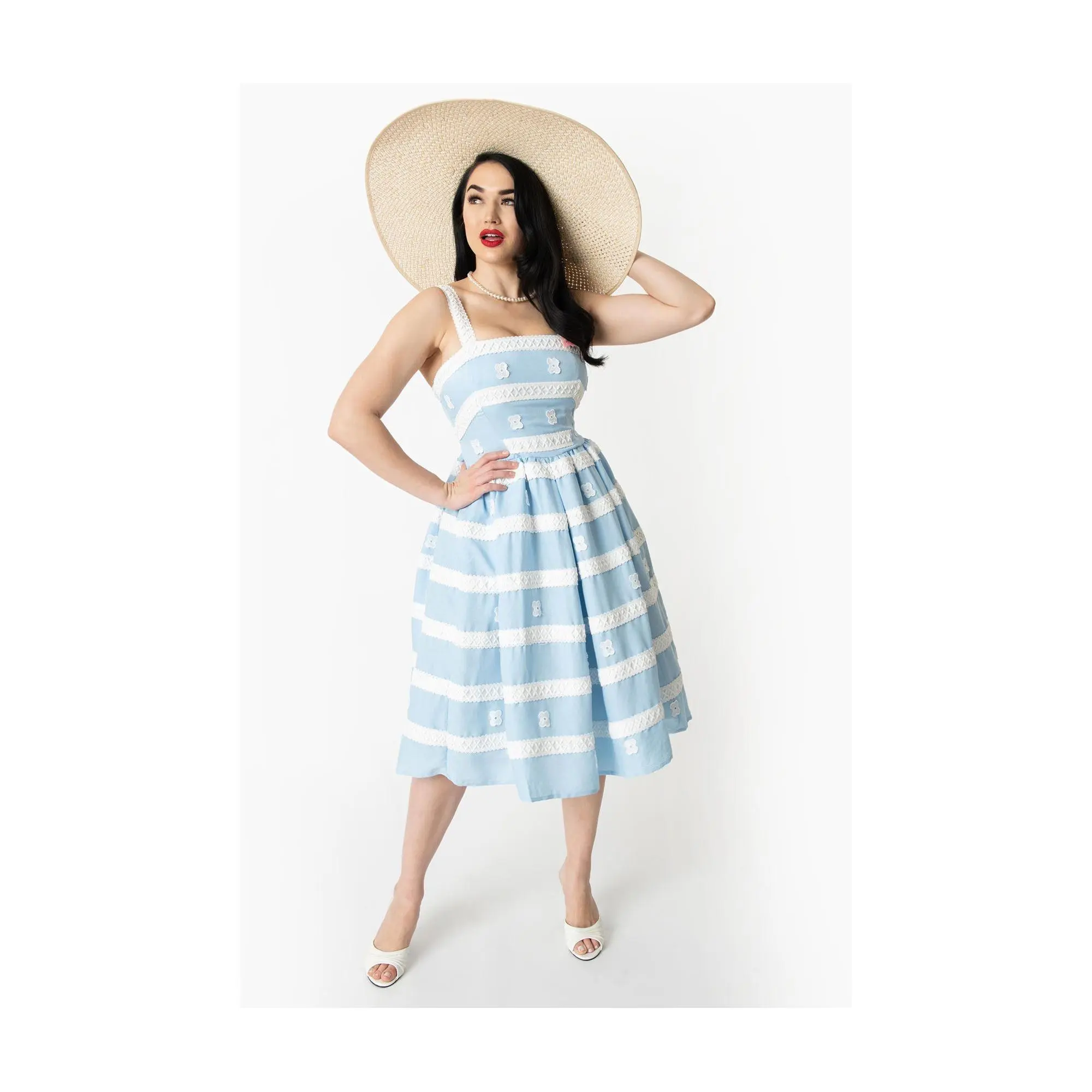 Barbie x Unique Vintage Blue & White Suburban Shopper Sundress