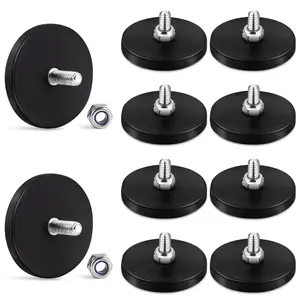 10 Pack Rubber Coated Magnets, 31LBS Neodymium Magnet Base with M6 Threaded Studs, Strong Mounting Stud Magnet Black Rare Earth Magnets for Light Bar Mirror Tool