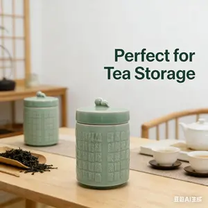 [Celadon Hundred Blessings] Embossed Fu Character Celadon Tea Canister, Gourd Knob Moisture-Proof Sealed Jar, Ceramic Storage Caddy For Tea/Spice, Gifts & Culture Collections SpringStatements