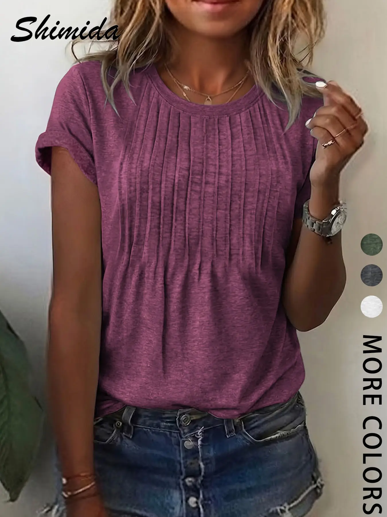 Women's Summer Casual Loose-Fitting Ruched Design Round Neck Short Sleeve Basic Minimalist T-Shirt Top, Fashionable Comfortable All Seasons Wear Womenswear