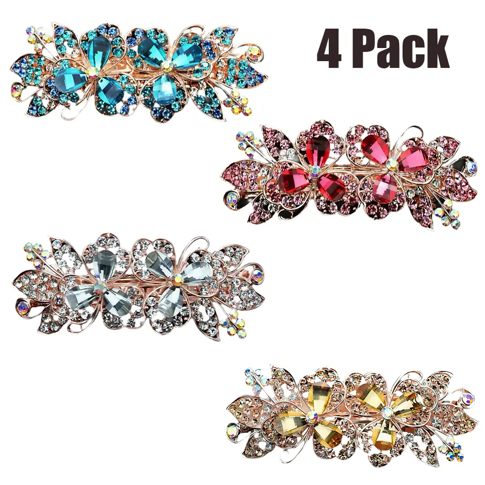 4 Pack Vintage Crystal Flower Hair Barrettes,Sparkling Rhinestone French Hair Clips，Plated Spring Flora Metal Hair Clip, Suitable for Thick & Thin Hair, Perfect for Wedding, Party and Daily Wear