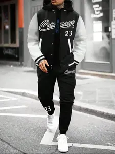 Men's Preppy Classic Style Long Sleeve Baseball Jacket & Fleece Jogger Pants Set, Thick Knit Fabric, Fall Winter Fashion, Comfortable Fit