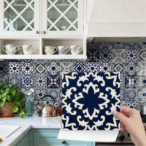 24PCS NHZ Art Tile Stickers, Navy Blue & White Portuguese/Moroccan Pattern, PVC Crystal Film with Mirror Gloss, Peel & Stick Wall Decals, Removable No Residue, Easy to Clean for Bedroom Kitchen Bathroom Office Indoor Home Decor