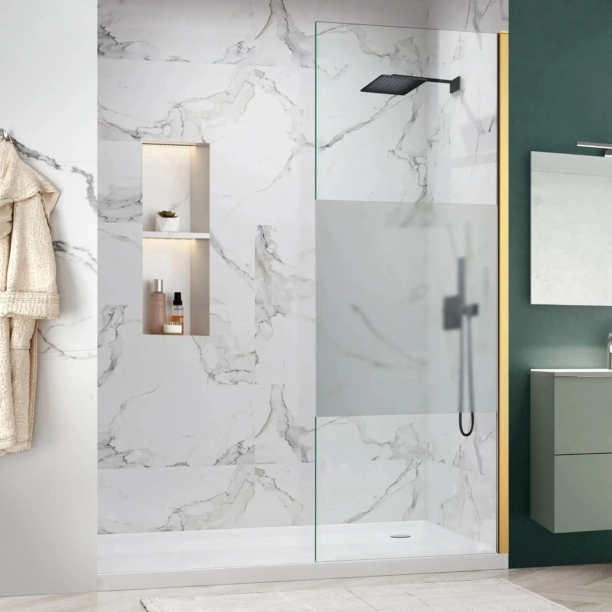 34" W x 74" H Walk-In Frameless Fixed Shower Screen with 5/16" (8 mm)  Clear & Frosted Tempered Glass, Brushed Gold