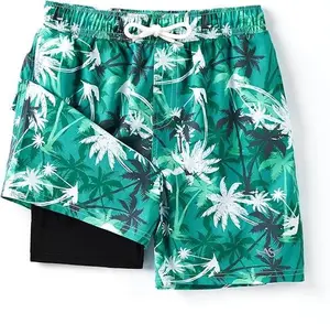 Angel Season Boys Swim Trunks Compression Liner Boxer Brief UPF 50+ Board Shorts Youth 7-14 Years Tropical Palm Print Summer Beach Swimwear