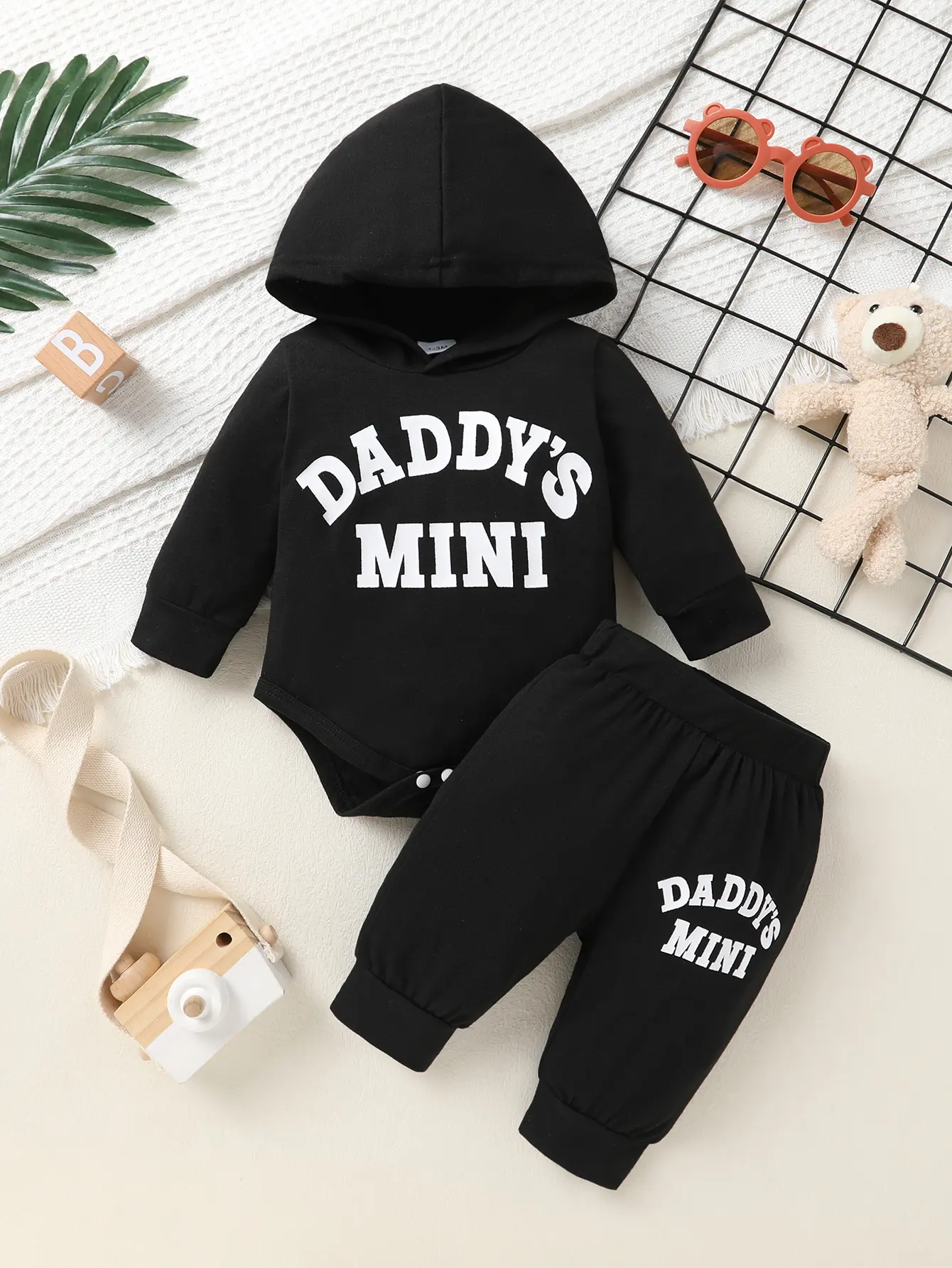 2-piece Set Of Soft, Comfortable And Cute Letter Printed Hooded Top And Clear Color Letter Printed Pants For Boys, Infants And Young Children, Suitable For Casual Daily Vacation Parties Black Outfit Baby Clothing Baby Boy Clothes,back to school