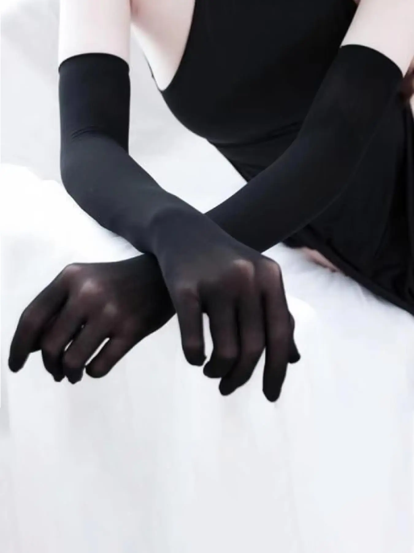 Ultra-Thin Five Finger Seamless Silk Gloves, Long Transparent Etiquette Gloves, Sheer Gloves, Solid Color Plain Pattern Tube Stocking Gloves for Women & Men, All Seasons
