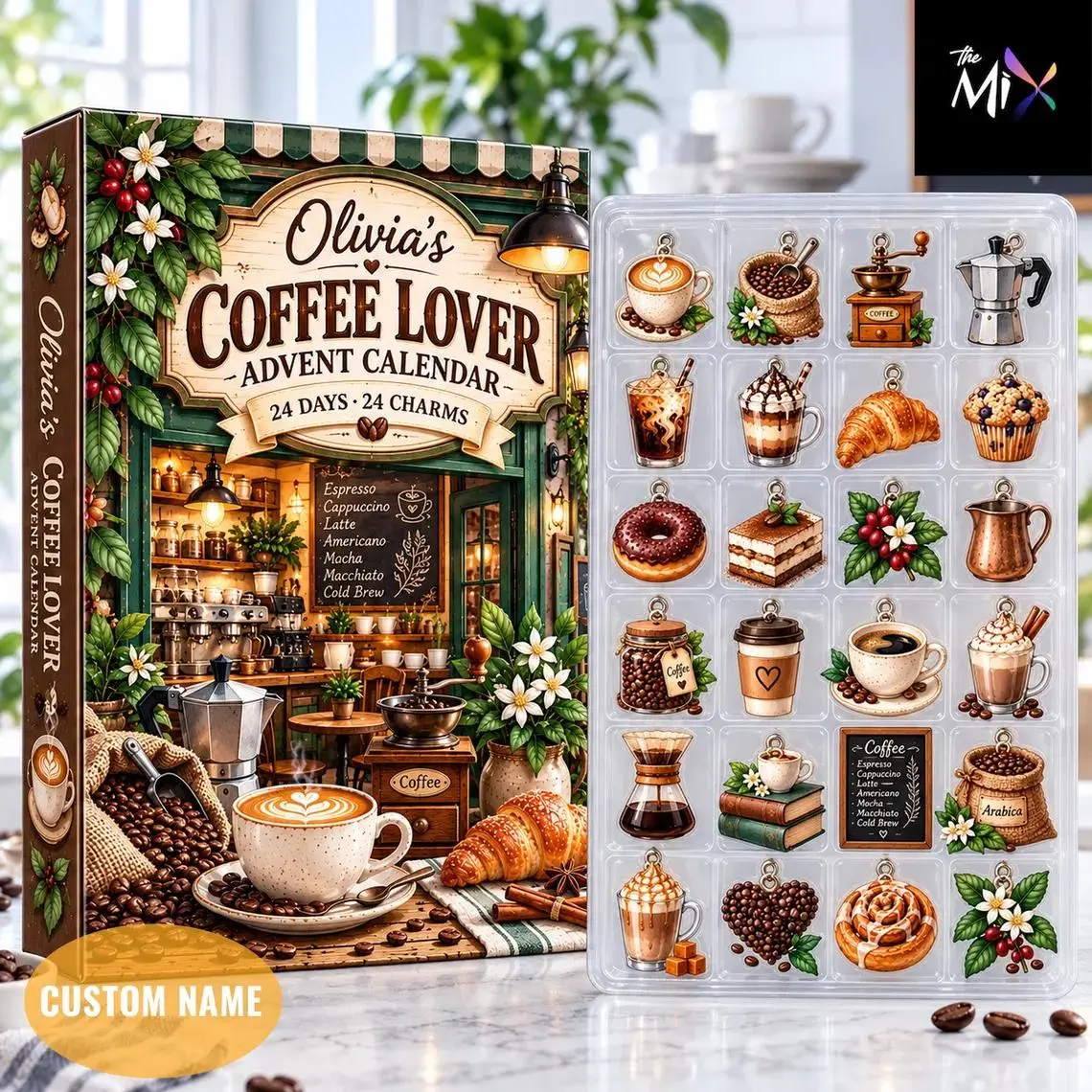 Personalized Coffee Advent Calendar 2026, 24 Day Countdown Box, Coffee Lover Gift, Custom Name Charm Calendar, Barista Christmas Gift