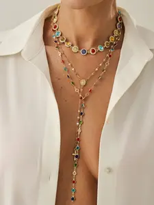 Women's Bohemian Style Zinc Alloy Chain Necklace Set, Fashion Crystal Pendant Jewelry, Casual Daily Wear and Holiday Gift