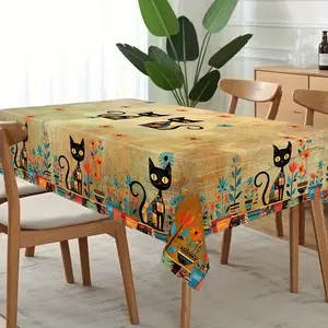 1pc Bohemian Mandala Tablecloth, Vintage Floral and Cat Pattern Tablecloth, Rectangular Polyester Tablecloth, Suitable for Holiday Party Decorations, Elegant and Durable Indoor/Outdoor Dining Table Decoration, Perfect Gift for Easter, Spring, Mother's Day