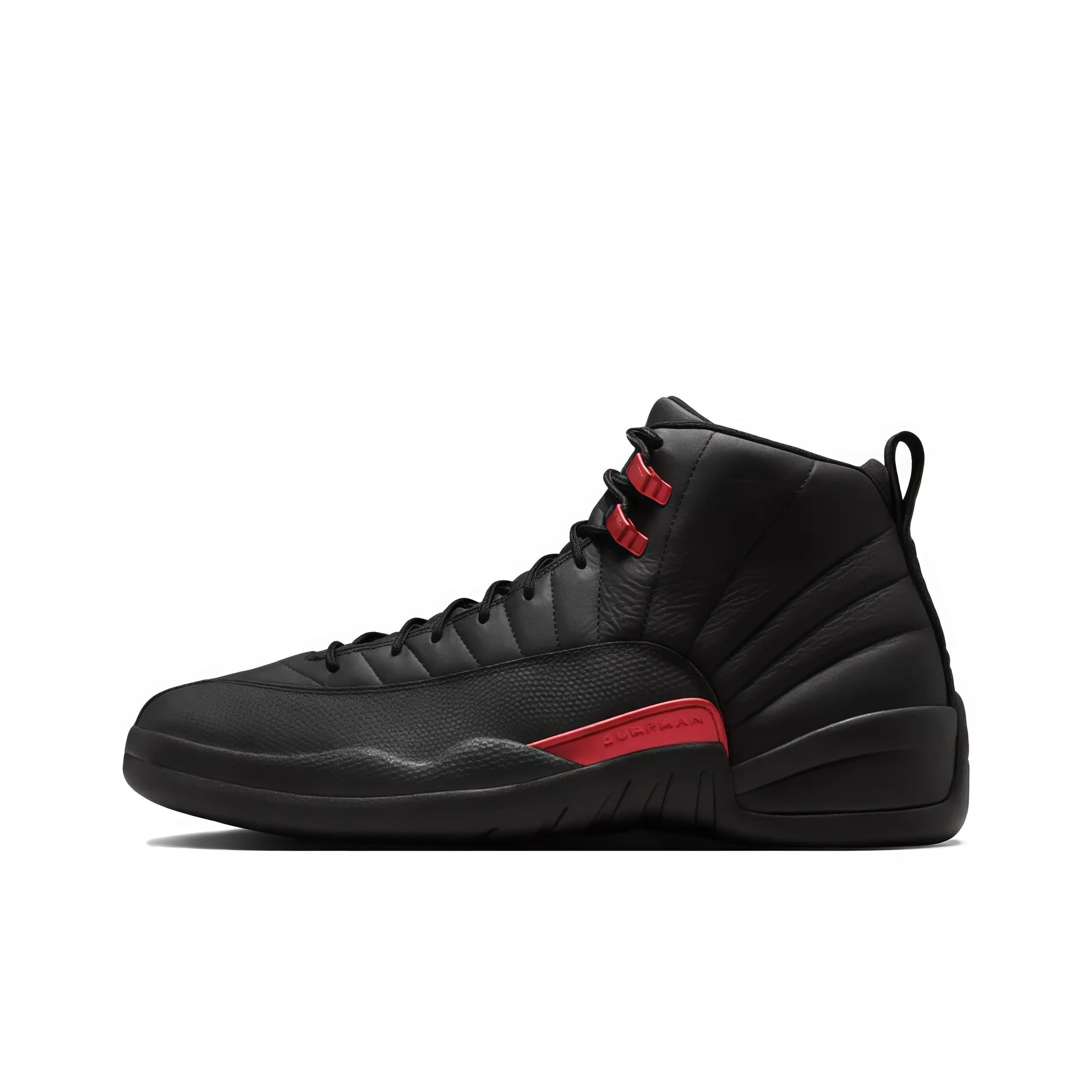High top basketball sneakers black pebbled leather upper red lace locks red midsole accent pull tab design premium street luxe cushioned support daily casual wear party look unisex fashion sport footwear
