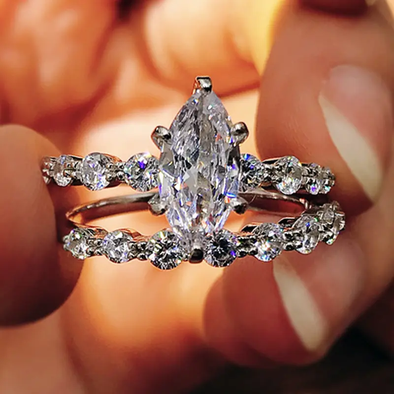 Women's 2-Pcs Marquise Cut 5A Grade Cubic Zirconia Bridal Wedding Ring Sets - Stackable Engagement Ring & Band, Artificial Zircon with Cubic Zirconia Designs, Proposal Gift, 2 Piece Sets, Bridal Set