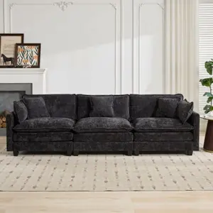 Sofa Couch for Living Room,Modern Modular Sectional Sofa 3-Seat 113.8" Chenille Removable Memory Foam Sofa with 3 Throw Pillows,2 Lumbar Pillows,for Bedroom Apartment,Black