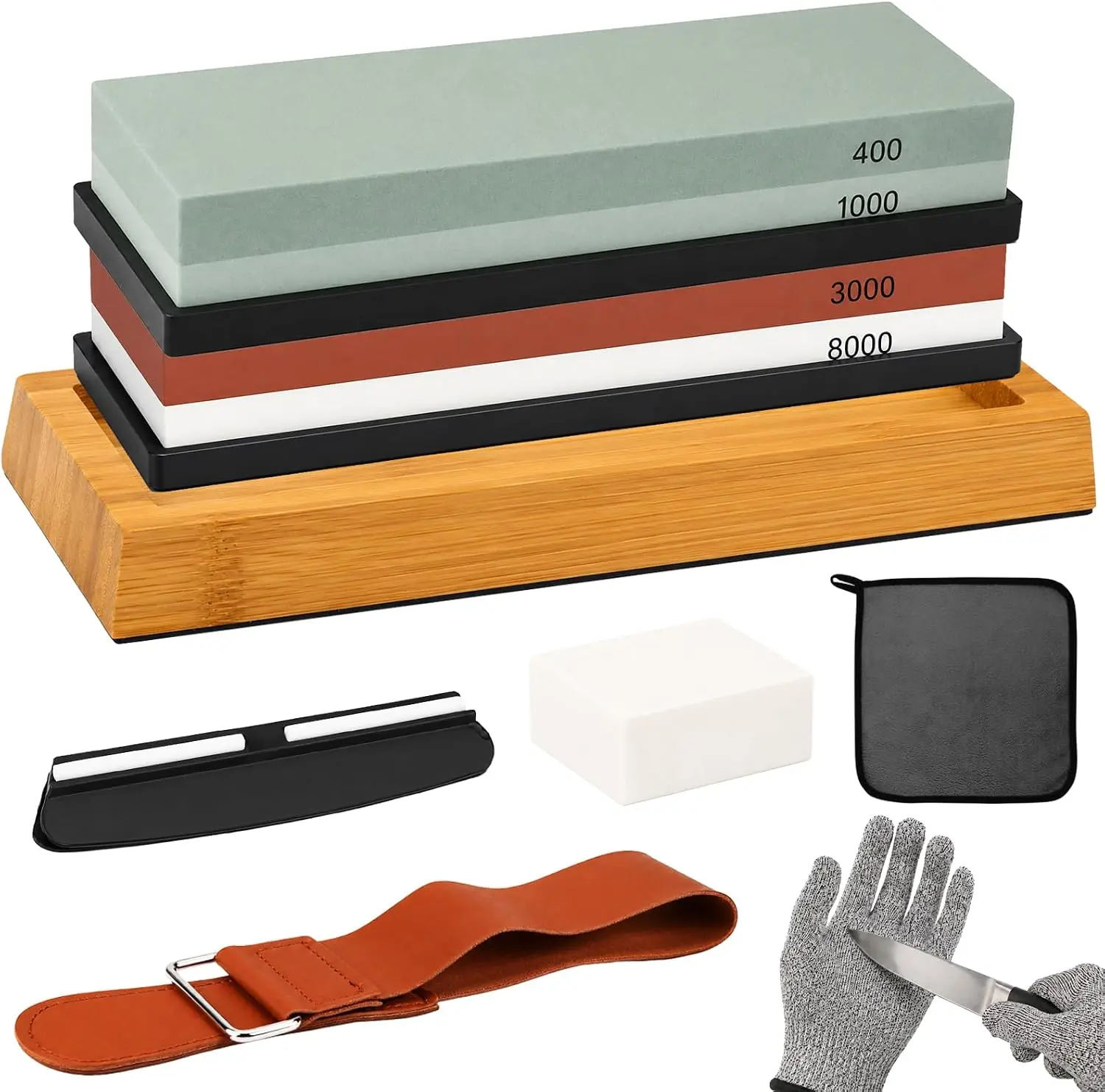 Knife Sharpening Stone Set, Professional Whetstone 4 Side 400/1000 3000/8000 Grit, Whetstone Knife Sharpener Stone Kit, Non-slip Base, Leather Strop, Nagura Stone and Angle Guide