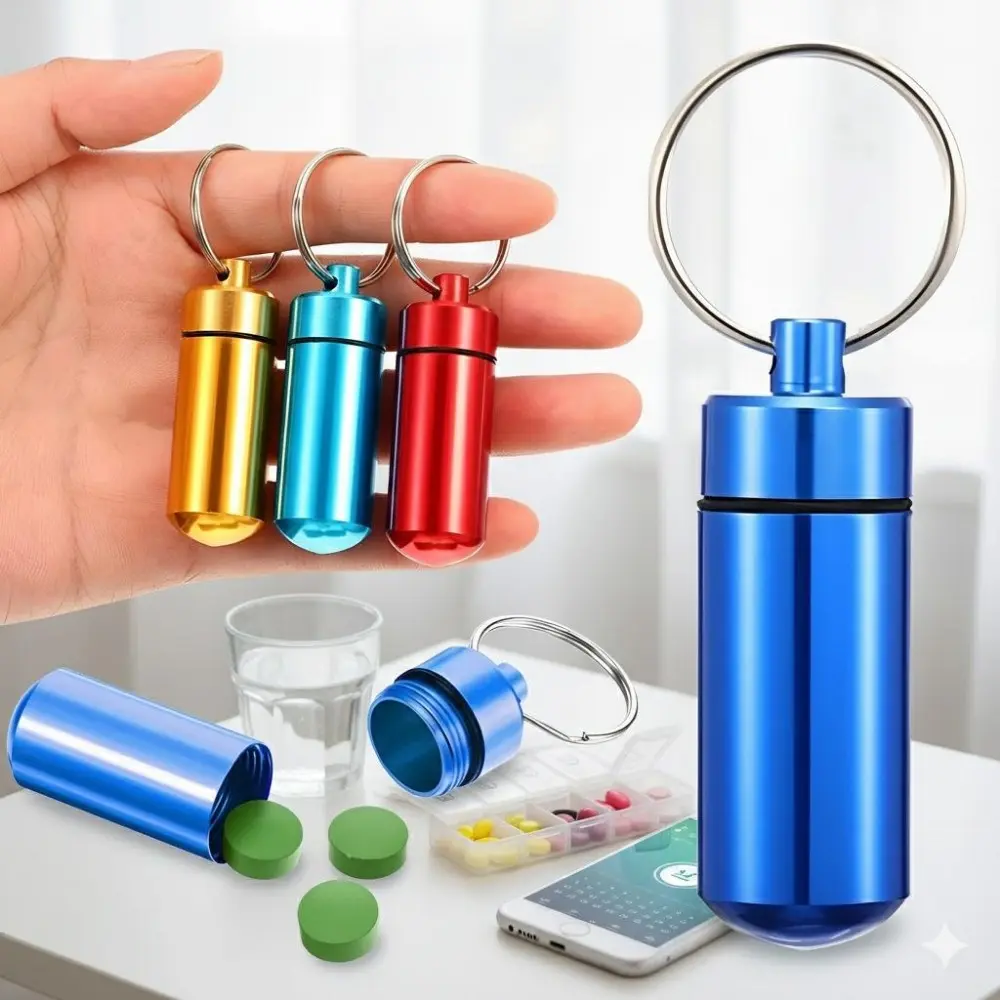 Aluminum Pill Keychain - Waterproof Portable Container for Emergency Outdoor Travel, Essential Multifunction Storage Bottle with Hook, Perfect for Camping Hiking Office Daily Carry, Lightweight Keychain, Multifunctional Keychain