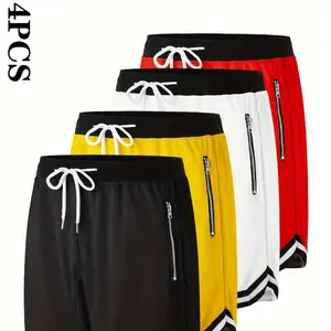 Men's 4pcs Casual Athletic Shorts - Sports Clothing, Breathable Polyester, Elastic Waistband with Drawstring Tie, Zip Pockets, Multi-Color, Machine Washable for Basketball Use Sporty Style
