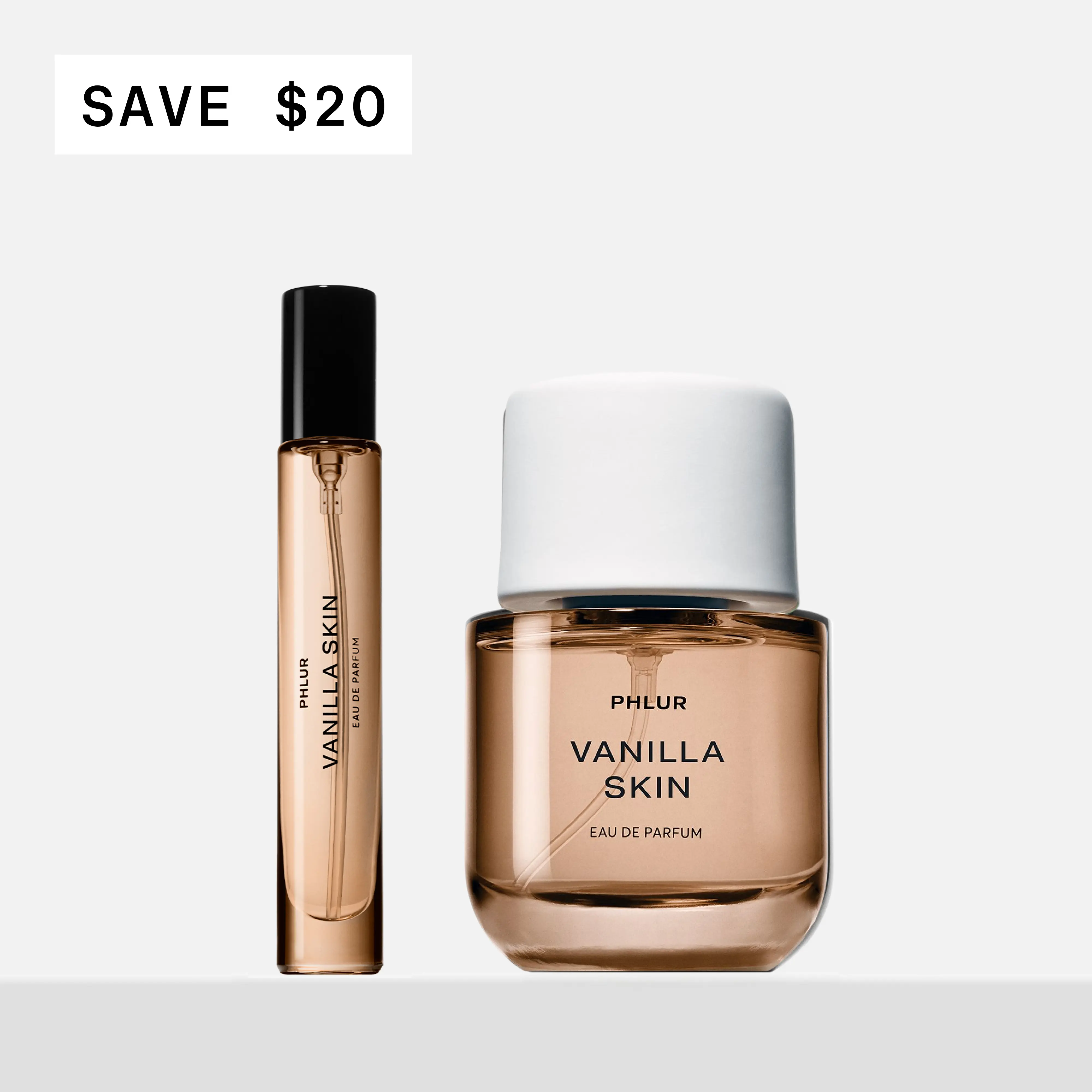 PHLUR Vanilla Skin Eau de Parfum Duet - Full + Travel Size Vanilla Perfume Set with Pink Pepper & Sandalwood (50mL + 9.5mL) PHLUR Vanilla Skin Eau de Parfum Duet - Full + Travel Size Vanilla Perfume Set with Pink Pepper & Sandalwood (50mL + 9.5mL)