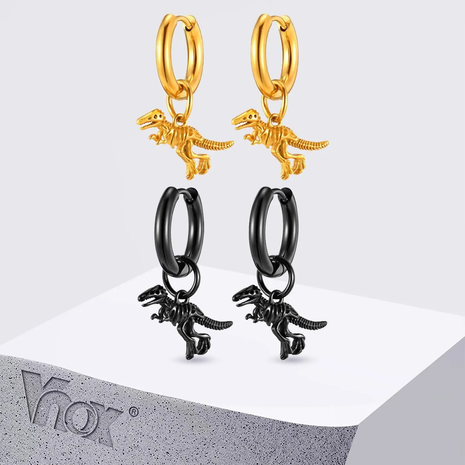 Vnox 2026 New Punk Rock Hoop Earring for Men Boys, Dinosaur Skeleton Earring with Hole, Anti Allergy Anniversary Jewelry for Him