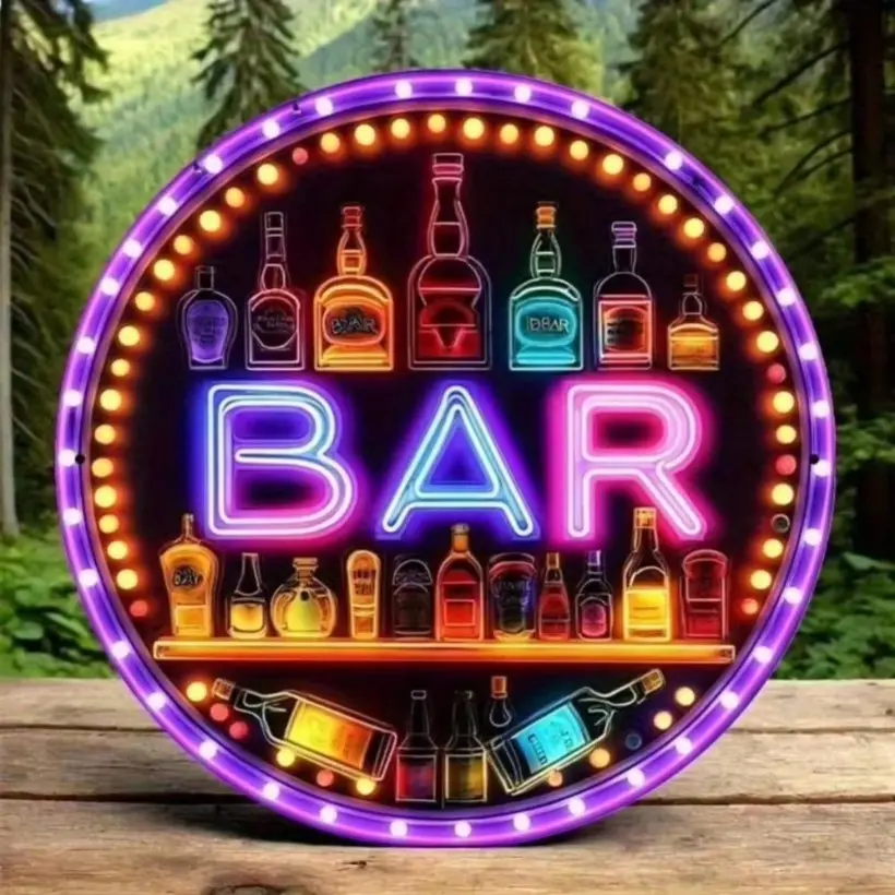 Vintage Beer and Wine Theme Metal Wall Decor, 8-Inch Round Aluminum Sign, Ideal for Bars, Cellars, Restaurants, 2D Design, Room Decoration