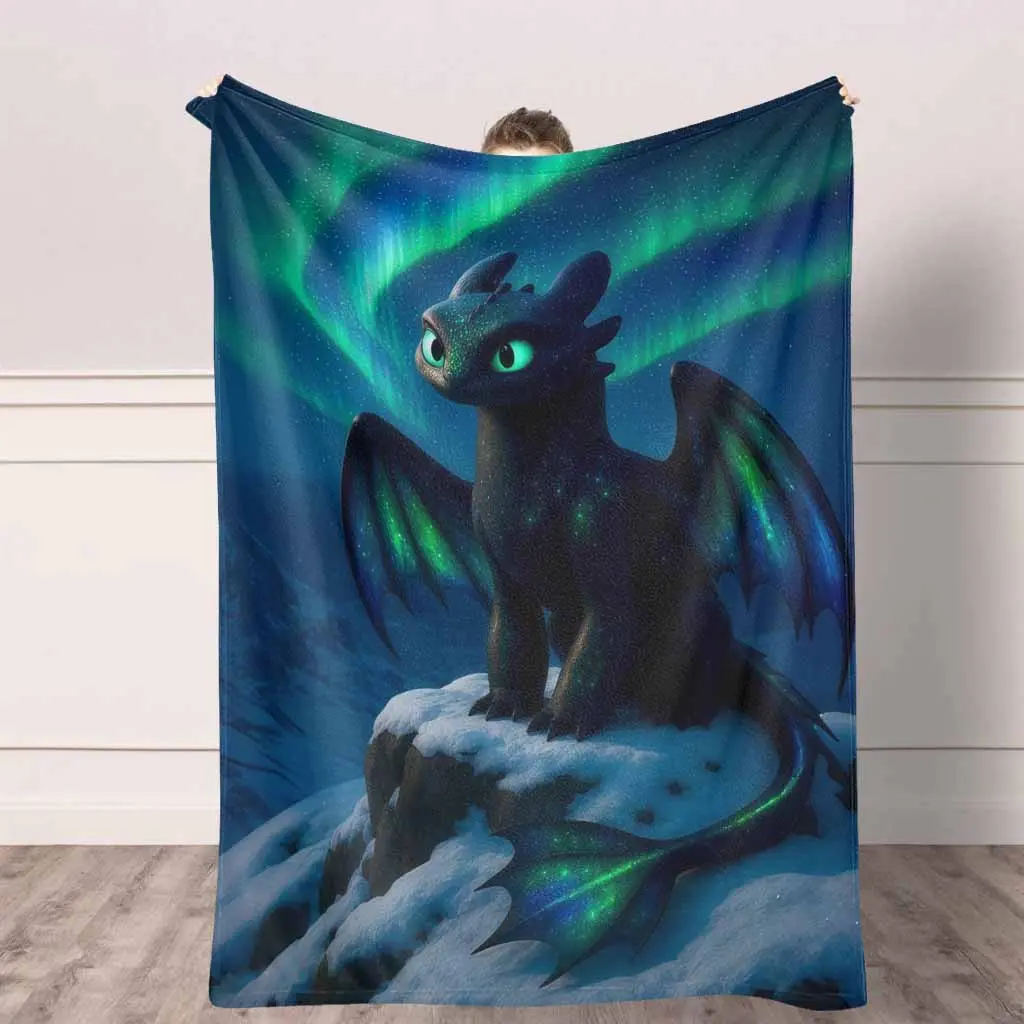Night Fury Flannel Fabric Throw Blanket - Toothless Dragon Theme, Aurora Cartoon Pattern, Anime Motif, Super Soft Warm Breathable Lightweight, Wrinkle-Resistant Anti-Pilling, Animal-Faced Character Shaped, Ideal for Home Decor, Gifting, Cartoon Pattern Bl