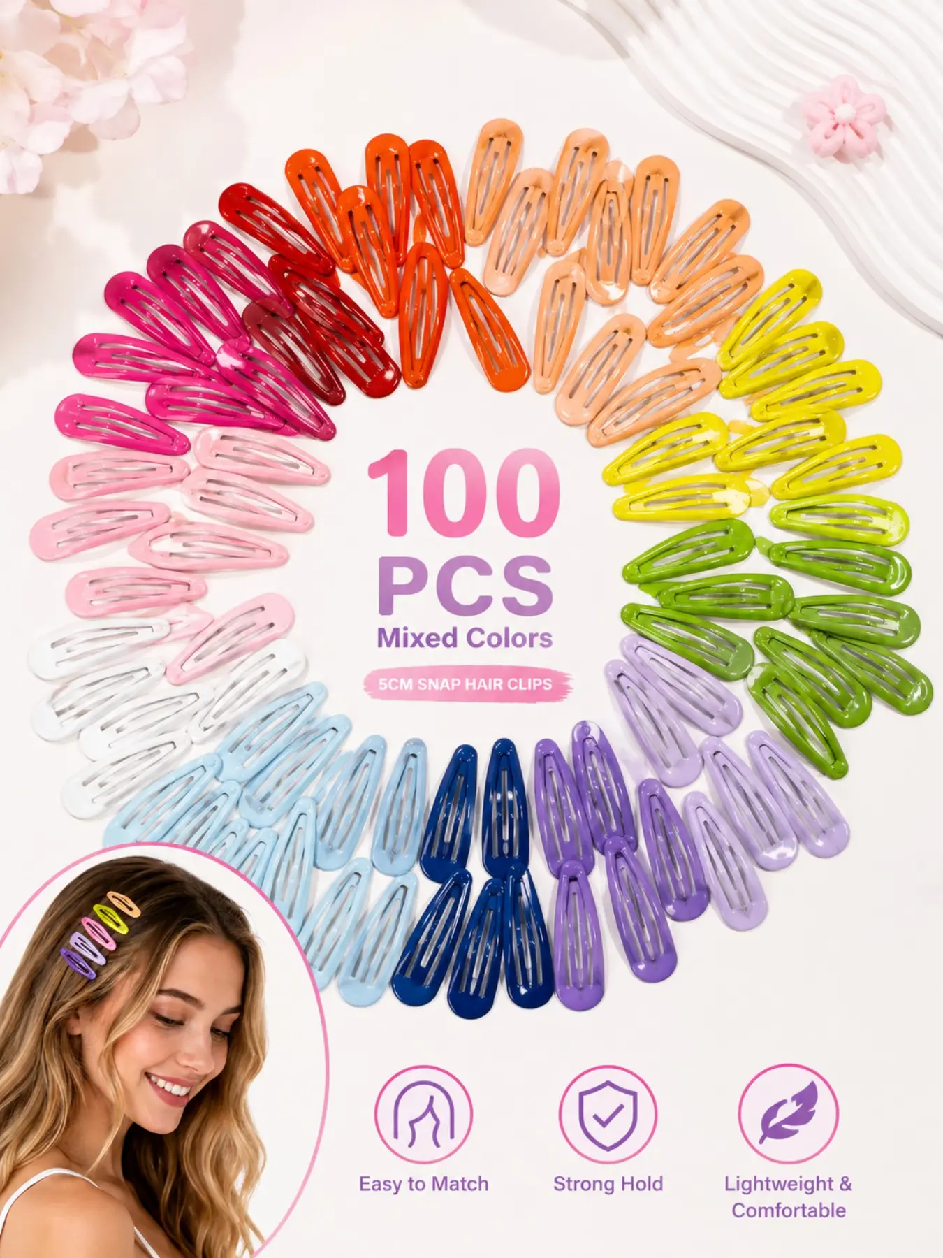 100PCS 5CM Mixed Color Snap Hair Clips, Glossy Non-Slip Metal Barrettes, Strong Hold Hair Accessories for Kids & Girls, Daily Use & Hairstyle DIY, Flat Clips, Super Cute Clips