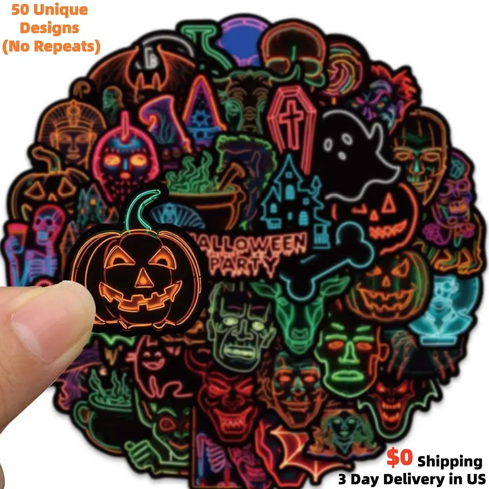 50PCS Durable Vibrant Neon Halloween Waterproof Vinyl Stickers - 4-8cm Flat Decals, Spooky Glow-Retro Vibe, Universal High-Quality Goth Gift for Horror Fans, Home Decor Supplies