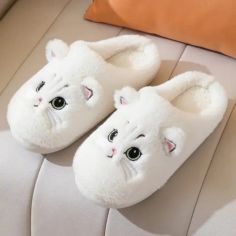 Women's Cute Cat Fur Slippers - Ankle Height, Cotton Fabric, Faux Fur Fuzzball, Chic, Casual, Embroidered, Slip-On, Breathable, Foldable, Non-Slip Grip, Wear-Resistant, Warm Padded, Soft Facecloth Feel, Indoor Shoes, Animal Print Holiday Gift