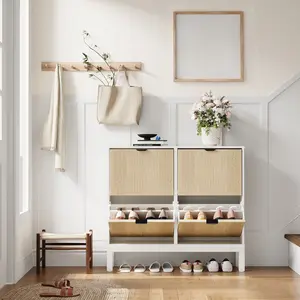 Fluted Shoe Storage Cabinet with 4 Flip Drawers, Narrow Wooden Shoe Organizer with Metal Legs and Removable Dividers, Hidden Entryway Shoe Rack for Hallway Living Room, Modern Farmhouse Freestanding Shoe Cabinet for 16-20 Pairs