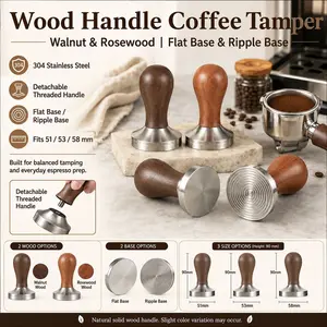 51/53/58mm Stainless Steel Coffee Tamper, Wooden Handle, Flat Bottom, Screw Thread, Professional Coffee Tool, Walnut, Rosewood Handle