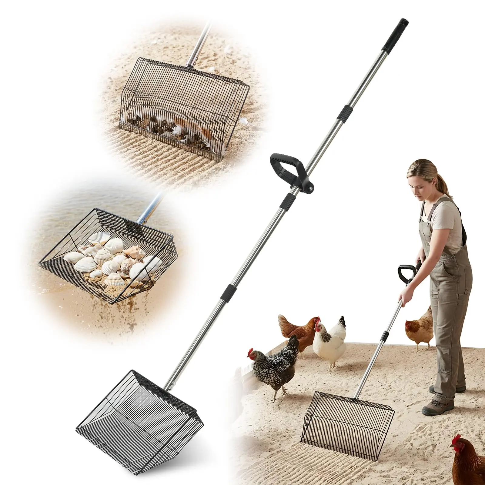 Chicken Poop Scooper & Rake 2-in-1, Adjustable Stainless Steel 15 in Chicken Coop Scoop for Poop with 24 to 90" Long Handle, Sifting Shovel for Chicken Coop/Goat Stall/Stable Cleaning Litter Box