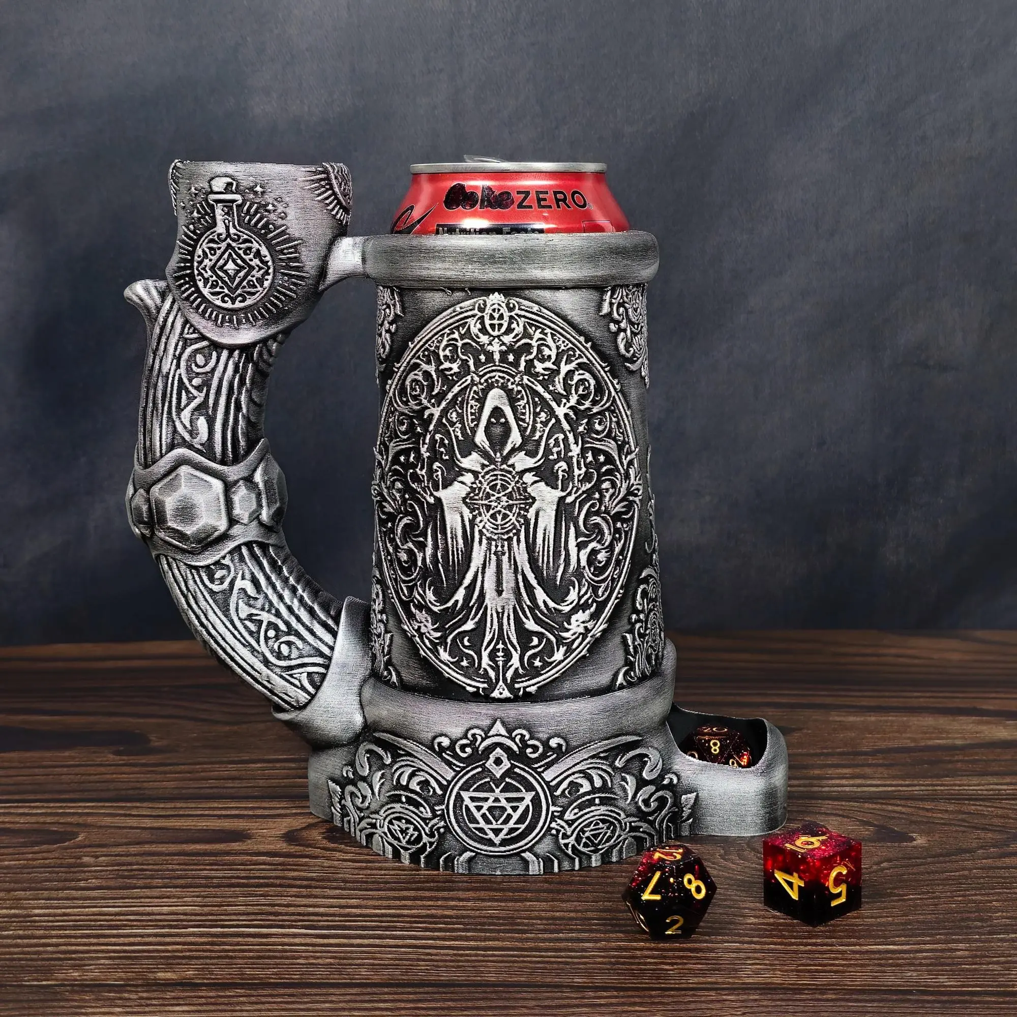 Dark Sorcerer Dice Tower Mug Can Koozie - Table Top Gaming Cup for 12 oz Cans - DND Gaming Accessory