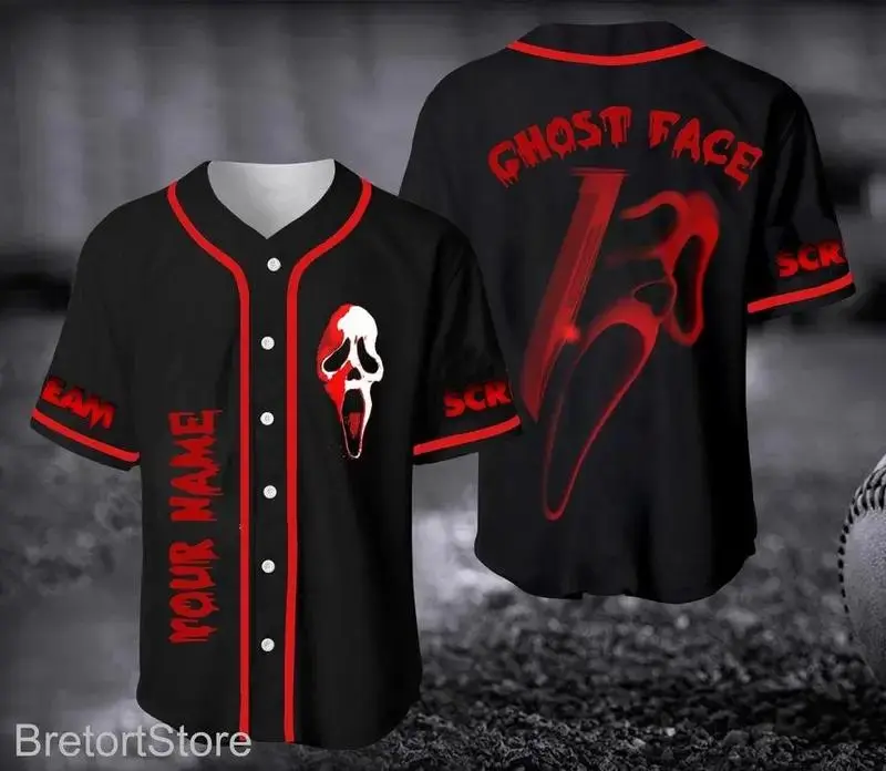 Unisex Ghostface Baseball Jersey, Horror Movie Inspired Button Up Shirt