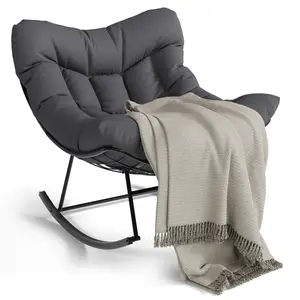 Oversized Outdoor Papasan Rocking Patio Chair - Handwoven Rattan Egg Lounge - Durable Metal Frame - Patio, Balcony, Backyard, Porch or Bedroom, Outdoor Rocking Chairs