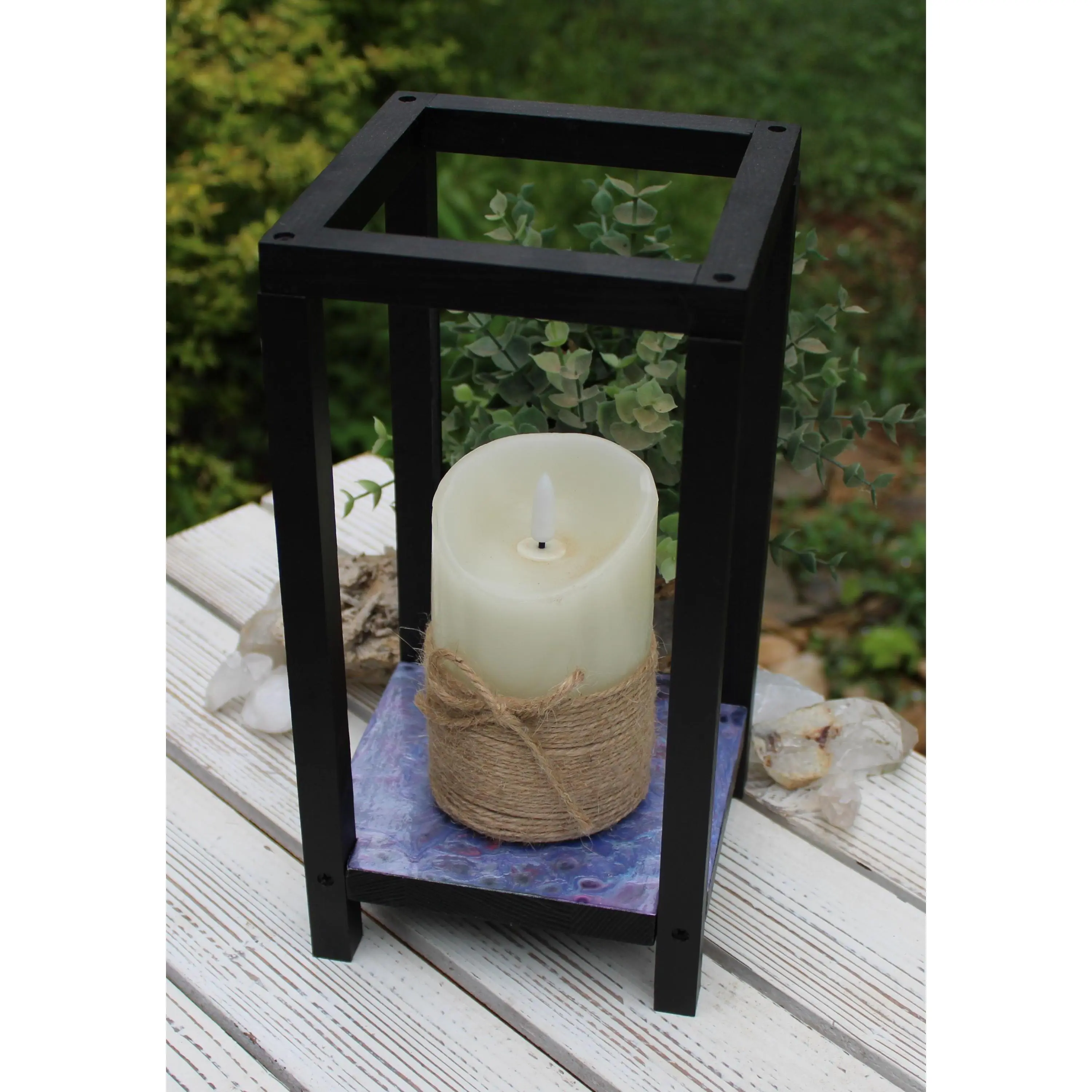 Candle Holder Hand Painted, Lantern Wood with Acrylic Paint 10.5" x 5" x 5"