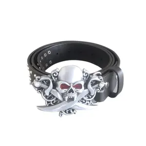 JEAN'S FRIEND Rhinestone Skull Buckle With Black Studded Genuine Leather Belt Five Length Size Choices Men Decoration