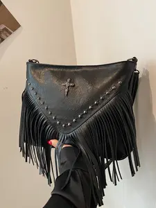 Women's Street Style Vintage Cross Design Crossbody Bag, Trendy Tassel Design Plain Color Crossbody Bag, Fashionable Crossbody Bag