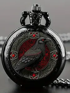 Gothic Design Black Raven Pocket Watch With Necklace Alloy Case & Band,Quartz Movement, Non-Waterproof Watch for Men Women Kids
