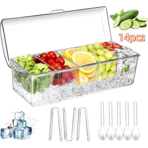 14 Pieces Refrigerated Condiment Server Boxes with Lids, 5 Removable Compartment Containers, Decorative Plates with Lids, Chilled Fruit Salad Condiment Trays for Bars, Serving and Tableware Easy To Clean Includes Cutlery Divided Serving Tray with Lid