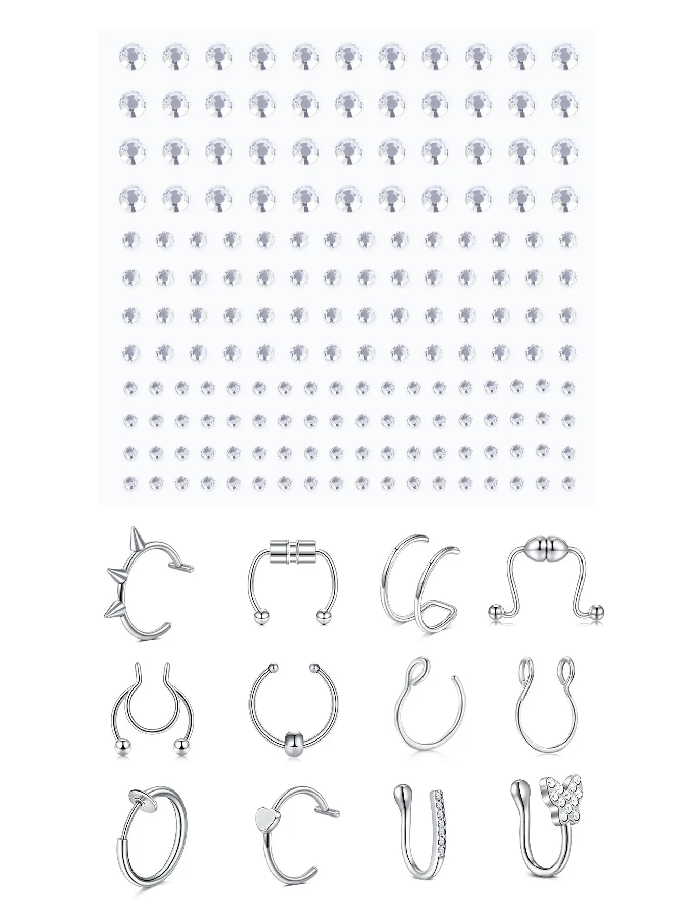 Face Gems Fake Piercings, Fake Lip Ring Fake Nose Rings Nose Hoop Fake Eyebrow Piercing Fake Lip Piercing Self-Adhesive Face Sticker Fake Piercing Balls Silver Cool Punk Y2k Halloween Makeup For Women Men