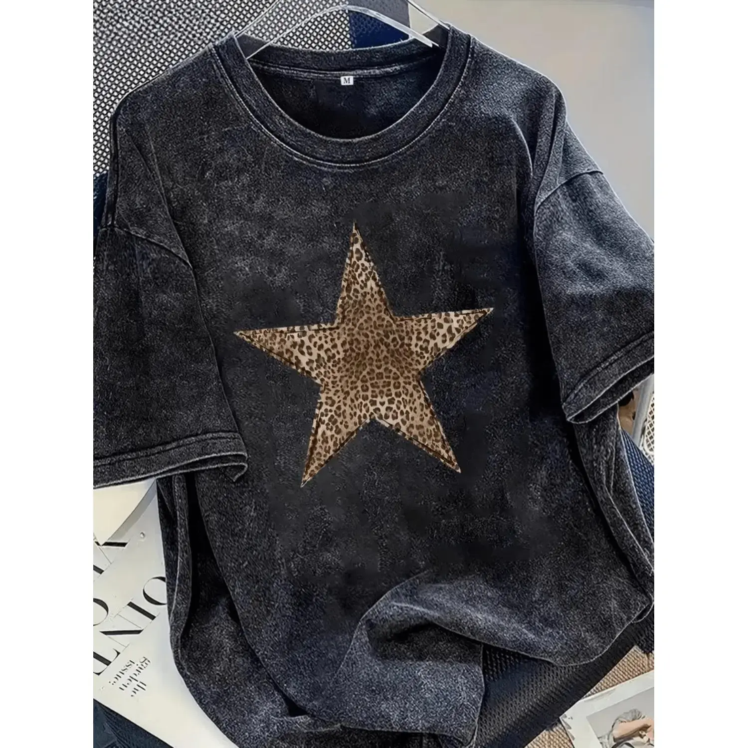 Women's Vintage Graphic T-shirt, Oversized Casual Round Neck Tee with Golden Star Print, Custom-Made Trendy Top, Trendy T-Shirts, Shirts For Women