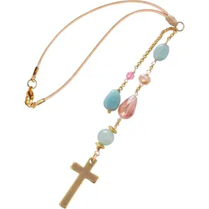 Elegant Cross Car Rearview Mirror Hanging Ornament, Soft Color Crystal Decoration, Sunlight Capture Pendant, Auto Interior Accessories